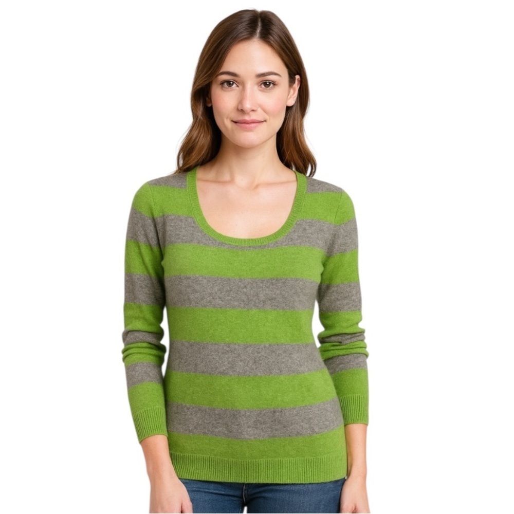 Only Mine Green Gray Quiet Luxury Soft Cozy 100% Cashmere Striped Sweater Sz. XL